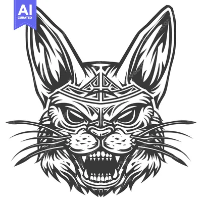 Aset desain premium: A ferocious cat with sharp teeth, a snarling expression, and a tribal