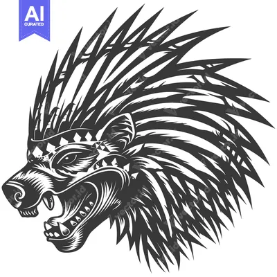 Aset desain premium: A Ferocious Wolf Head Adorned with Native American Headdress
