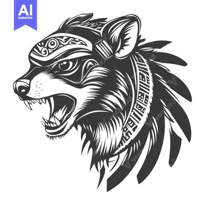 Aset premium populer: A ferocious wolf's head with tribal headdress and feathers.