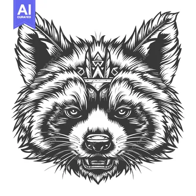 Aset premium populer: A fierce red panda head with a geometric headdress, in black and white