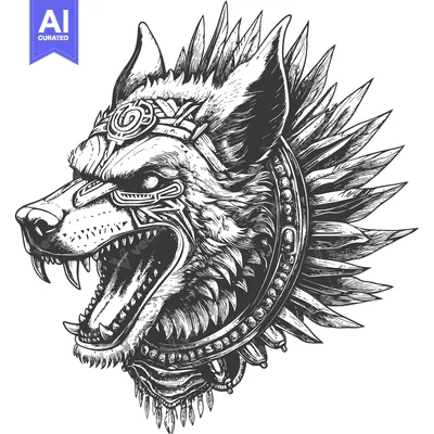 Aset desain premium: A fierce, snarling wolf's head adorned with feathers and tribal adornm