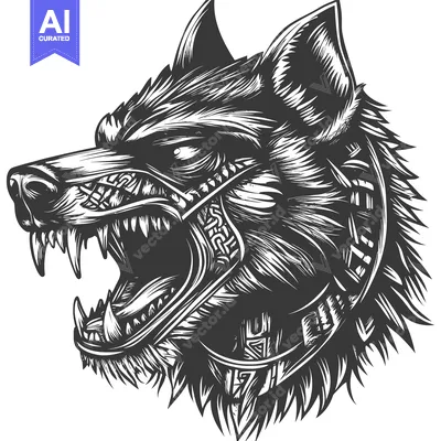 Aset premium populer: A fierce, snarling wolf's head with intricate patterns and a collar