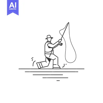Premium design asset: A Fisherman Casting a Line with a Rod in a River