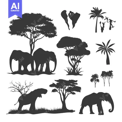 Popular premium asset: African Elephant Silhouettes with Various Trees and a Palm Tree