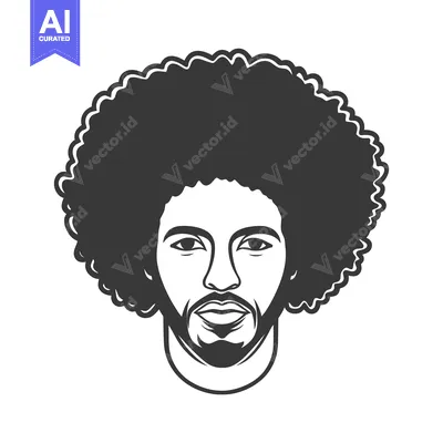 Premium design asset: A black and white illustration of a man with an afro and beard
