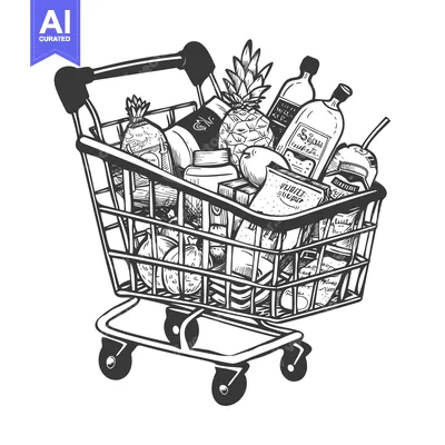 Aset desain premium: A Full Shopping Cart of Groceries with Pineapple, Bottles, and Other I