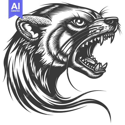 Aset desain premium: Aggressive Black and White Illustration of a Badger Head