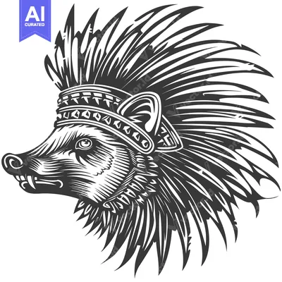 Aset desain premium: Aggressive Black and White Illustration of a Bearded Pig with Feathers