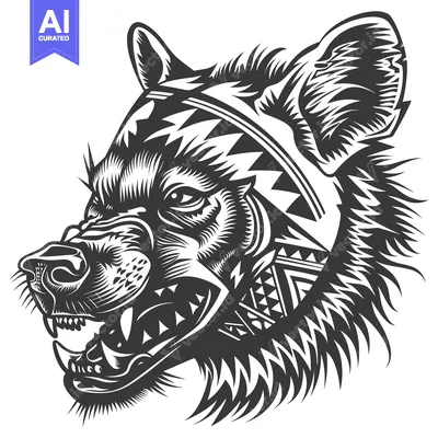 Aset premium populer: Aggressive Black and White Illustration of a Hyena Head with Tribal De