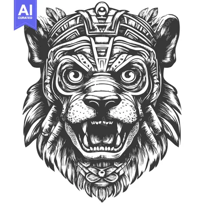 Aset premium populer: Aggressive Black and White Illustration of a Lion with Feathers and Tr