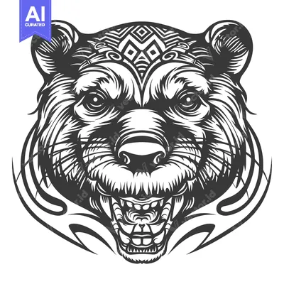 Aset desain premium: Aggressive Monochrome Illustration of a Bear's Head with Tribal Design