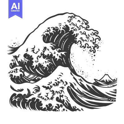 Aset desain premium: A Giant Wave Crashing Over Mount Fuji in Black and White