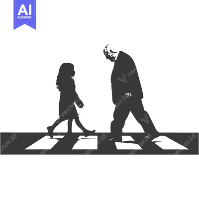Premium design asset: A girl and an elderly man walk on a crosswalk in silhouette.