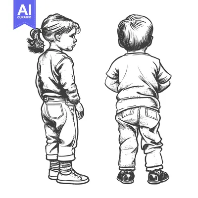 Premium design asset: A Girl and Boy Standing Back-to-Back in Casual Clothing