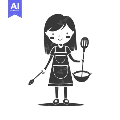 Aset premium populer: A girl in an apron holding a ladle and a spoon