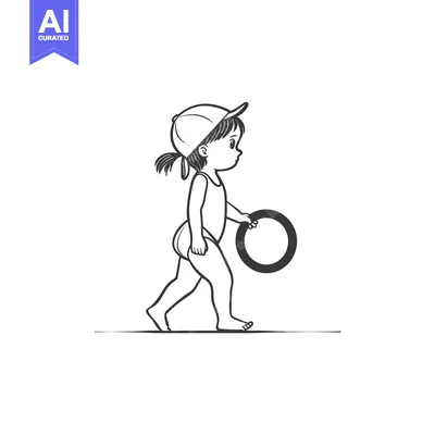 Premium design asset: A girl in a swimsuit and cap walks with a pool ring