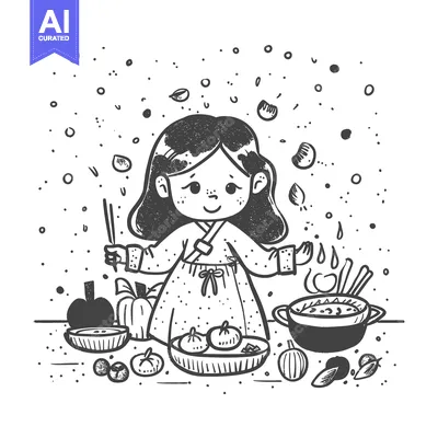 Premium design asset: A Girl in Traditional Korean Clothing Prepares a Meal