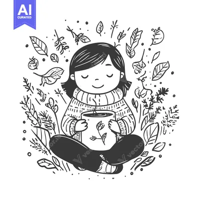 Aset premium populer: A girl sitting cross-legged, wearing a sweater and holding a steaming