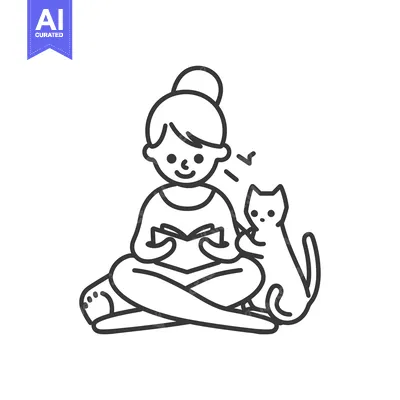 Premium design asset: A girl sitting cross-legged with a book and a cat