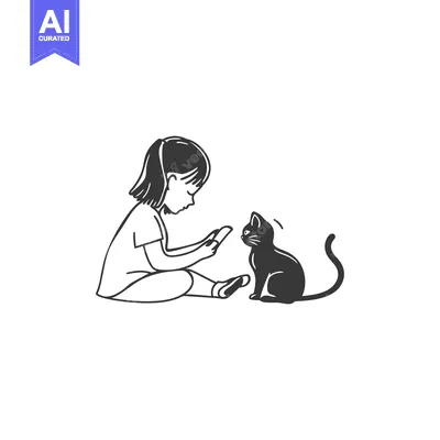 Aset premium populer: A Girl Sitting with a Cat and a Smartphone