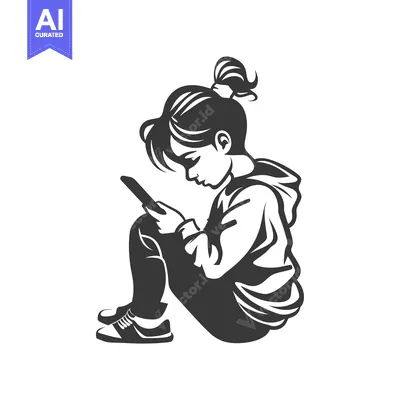 Aset desain premium: A girl sitting with a phone in her hand