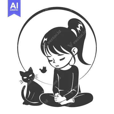 Popular premium asset: A girl sitting with her cat and a bird flying in the background