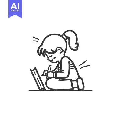 Aset desain premium: A girl sitting with her legs crossed, drawing in a book
