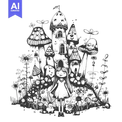 Aset premium populer: A girl standing in front of a whimsical castle built from mushrooms an