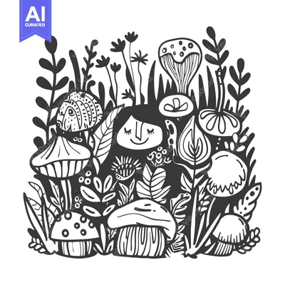 A Girl Surrounded by Mushrooms and Floral Elements