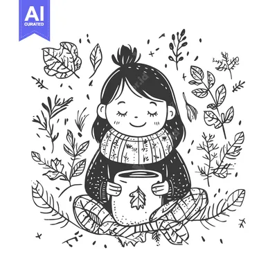 Premium design asset: A girl wearing a knitted scarf sitting on a bed of leaves, holding a m