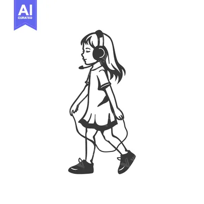 Premium design asset: A girl wearing headphones, walking, and listening to music.