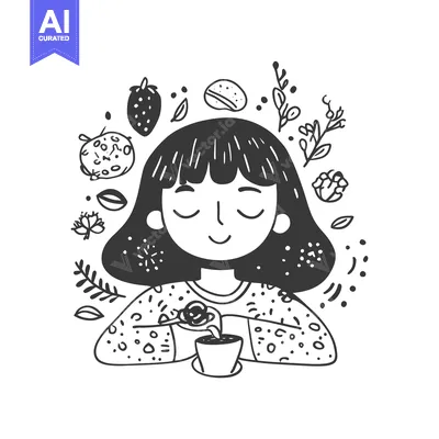 A Girl With Closed Eyes Drinking Tea Surrounded by Doodle Objects