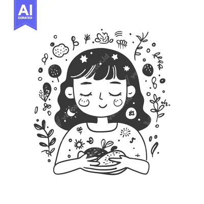A girl with closed eyes surrounded by nature doodles, holding a plant