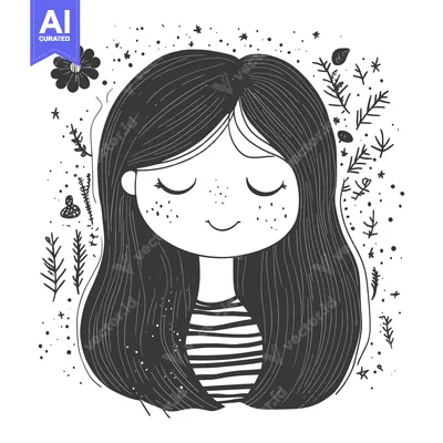Premium design asset: A Girl with Long Hair Surrounded by Flowers and Stars
