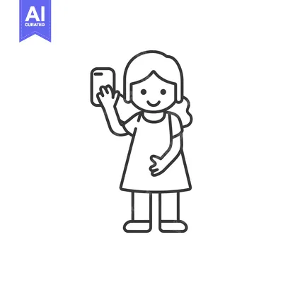 Premium design asset: A girl with long wavy hair smiles and holds a phone in her left hand