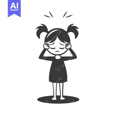 Aset premium populer: A girl with pigtails holding her head, looking distressed