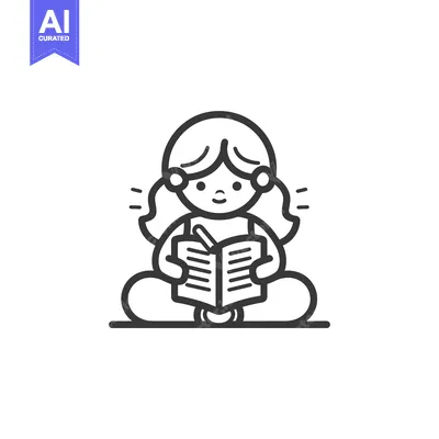 Aset premium populer: A girl with pigtails sits cross-legged and reads a book