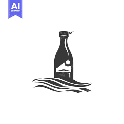 Aset desain premium: A glass bottle with a bird and water waves in a minimalist design