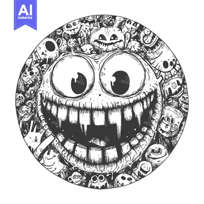 Aset desain premium: A Glowing, Cartoonish Monster Face Surrounded by Smaller Monsters