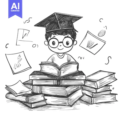 Aset desain premium: A Graduate Student Reading a Book Surrounded by Books