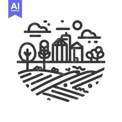 Popular premium asset: Minimalist Farm Landscape Icon: Fields, Barn, Trees, and Sun in Circul
