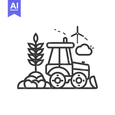 A detailed black line drawing illustrating farm equipment and wind pow