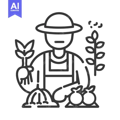 A farmer holds crops with tools representing agricultural work