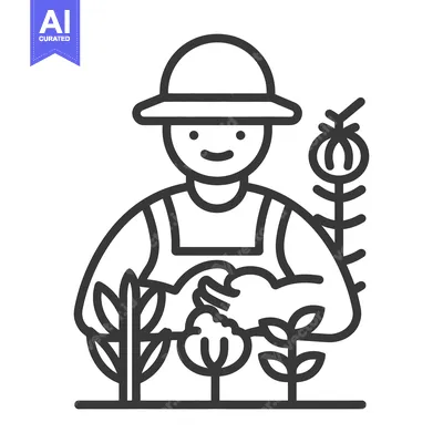 A farmer is tending crops while wearing a wide brimmed hat