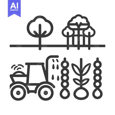 A vector illustration depicts a farm scene with trees and crops