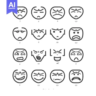 Aset desain premium: A Grid of 12 Black and White Hand-Drawn Emojis Displaying Anger and Sa