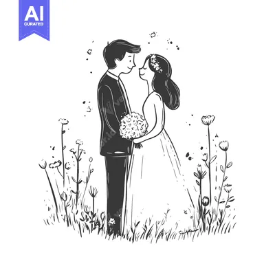 Aset desain premium: A Groom and Bride in Love, Surrounded by Flowers