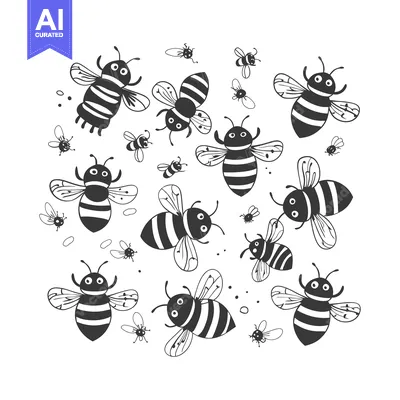 Popular premium asset: A Group of Black and White Cartoon Bees Flying on a White Background