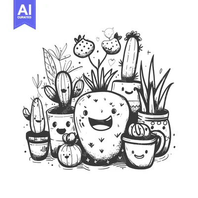 Aset premium populer: A Group of Cartoon Plants in Pots, Including a Strawberry
