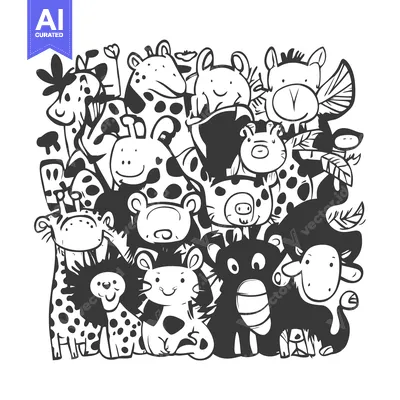 Aset premium populer: A Group of Cute Cartoon Animals in Black and White